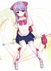 Rule 34 | 1girl, aira sari, ankle lace-up, blush, bow, bowtie, bracelet, cross-laced footwear, hair bow, himematsu school uniform, jewelry, large bow, loafers, long hair, looking at viewer, magical girl, miniskirt, pleated skirt, purple eyes, purple hair, saki (manga), school uniform, shirt, shoes, sitting, skirt, smile, solo, suehara kyouko, thighhighs, wand, white shirt, white thighhighs