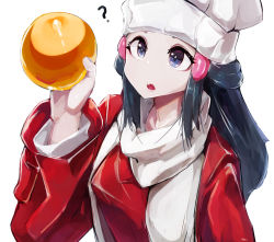 Rule 34 | 1girl, ?, absurdres, artist name, ball, beanie, blue eyes, blue hair, breasts, coat, creatures (company), dawn (pokemon), female focus, game freak, gold, hair ornament, hairclip, hand up, hat, highres, holding, holding ball, long hair, long sleeves, looking up, my700, nintendo, open mouth, pokemon, pokemon dppt, pokemon platinum, red coat, scarf, shirt, signature, simple background, small breasts, solo, teeth, upper body, white background, white hat, white scarf, white shirt