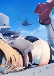Rule 34 | 1girl, aircraft, ass, blonde hair, cloud, day, giant, giantess, head out of frame, helicopter, iowa (kancolle), kantai collection, long hair, lying, miniskirt, on stomach, outdoors, rigging, rudder footwear, searchlight, sikorsky aircraft, sikorsky h-19, size difference, skirt, sky, smokestack, solo focus, striped clothes, striped skirt, striped thighhighs, thighhighs, turret, utopia, vertical-striped clothes, vertical-striped thighhighs