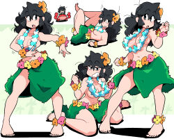 Rule 34 | 1girl, bare legs, barefoot, black hair, black nails, convenient censoring, convenient necklace, crab, flower, flower necklace, grass skirt, hair flower, hair ornament, hand up, highres, jewelry, long hair, lucia (scott malin), multiple views, navel, necklace, orange flower, original, pink flower, scott malin, shadow, sitting, standing, topless, yellow flower