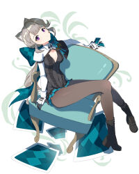 Rule 34 | 1girl, absurdres, animal ear fluff, animal ears, armchair, black footwear, boots, breasts, brown pantyhose, card, chair, closed mouth, covered navel, cross-laced footwear, facial mark, full body, genshin impact, gloves, grey hair, highres, holding, holding card, long hair, long sleeves, looking at viewer, lynette (genshin impact), medium breasts, pantyhose, simple background, sitting sideways, solo, star (symbol), star facial mark, very long hair, white background, wucanming