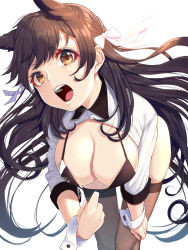 Rule 34 | 1girl, animal ears, atago (azur lane), atago (stunning speedster) (azur lane), azur lane, bikini, black hair, blush, breasts, extra ears, highres, large breasts, leaning forward, long hair, long sleeves, looking at viewer, mikan (chipstar182), mole, open mouth, race queen, ribbon, simple background, swept bangs, swimsuit, thighs, two-tone bikini, white ribbon, wrist cuffs, yellow eyes