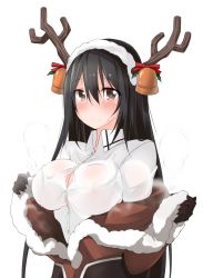Rule 34 | 10s, 1girl, antlers, bell, black eyes, black gloves, black hair, blush, breasts, chikuma (kancolle), cleavage, commentary, gloves, horns, kaminagi (kaminagi-tei), kantai collection, large breasts, long hair, looking at viewer, shirt, simple background, smile, solo, undressing, upper body, white background, white shirt