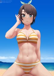 Rule 34 | arm behind back, arm up, beach, bikini, black hair, blue eyes, blue sky, breasts, closed mouth, commentary request, green ribbon, hair ribbon, hololive, looking at viewer, medium breasts, navel, ocean, oozora subaru, oozora subaru (hololive summer 2019), orange bikini, out-of-frame censoring, patreon username, putcher, ribbon, short hair, sitting, sky, spread legs, striped bikini, striped clothes, swimsuit, toned, virtual youtuber, water, watermark, web address