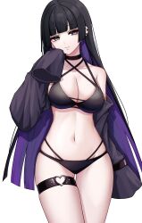 Rule 34 | 1girl, absurdres, bare shoulders, bikini, black bikini, black eyes, black hair, blunt bangs, bocchi the rock!, breasts, choker, cleavage, closed mouth, colored inner hair, cowboy shot, criss-cross halter, detached sleeves, ear piercing, gluteal fold, groin, halterneck, hand up, highres, kushinaka, large breasts, long hair, looking at viewer, mouth piercing, multi-strapped bikini, multicolored hair, navel, pa-san, piercing, sidelocks, simple background, skindentation, smile, solo, swimsuit, thigh strap, white background