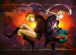 Rule 34 | 2boys, america (hetalia), axis powers hetalia, back-to-back, belt pouch, black footwear, black gloves, blonde hair, boots, brown jacket, eduroku, floating, floating scarf, from side, full body, gloves, glowing, green pants, hands on own chest, jacket, knee boots, long sleeves, looking ahead, looking down, male focus, map, map background, multiple boys, pants, pouch, profile, russia (hetalia), scarf, short hair