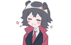 Rule 34 | 1girl, :3, black hair, black jacket, blush, closed eyes, coat, collared shirt, double bun, hair bun, jacket, library of ruina, madotsuki ren, medium hair, mei (project moon), necktie, open mouth, project moon, red coat, red necktie, shirt, simple background, smile, solo, tie clip, white background, white shirt, wing collar