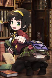 Rule 34 | 1girl, bent over, blazer, book, bow, brown hair, chain, dress shirt, green eyes, hairband, jacket, len (a-7), library, lowres, open mouth, panties, pantyhose, plaid, plaid skirt, pleated skirt, school uniform, shirt, short hair, skirt, solo, sword girls, torn clothes, torn pantyhose, underwear