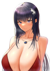 Rule 34 | 1girl, blue gemstone, breasts, cleavage, dress, flower, gem, hair flower, hair ornament, highres, huge breasts, jewelry, long hair, looking at viewer, minato81345, necklace, original, purple eyes, purple hair, red dress, simple background, solo, upper body, wet, white background