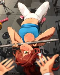 Rule 34 | 1girl, 1other, absurdres, bare arms, bare shoulders, blurry, blurry foreground, blush, breasts, brown hair, cellphone, commentary, crop top, doki doki literature club, dumbbell, english commentary, green eyes, highres, khyle., leggings, long hair, looking at viewer, lying, medium breasts, midriff, monika (doki doki literature club), navel, on back, pants, phone, pink footwear, pov, shadow, shoes, smartphone, smile, solo focus, sports bra, stomach, sweat, thighs, white pants