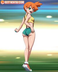 Rule 34 | 1girl, ass, ass grab, asymmetrical hair, back, bare arms, bare shoulders, blush, breasts, cowboy shot, creatures (company), denim, denim shorts, eyelashes, from behind, game freak, gen 1 pokemon, green eyes, green shorts, groping, gym leader, hair tie, highres, holding, holding poke ball, legs, legs together, looking back, medium breasts, misty (pokemon), navel, nintendo, orange hair, poke ball, poke ball (basic), pokemon, pokemon (anime), pokemon (classic anime), ponytail, reit, shirt, shoes, short hair, short shorts, shorts, side ponytail, simple background, sleeveless, sleeveless shirt, sneakers, solo, suspender shorts, suspenders, thigh gap, thighs, yellow shirt