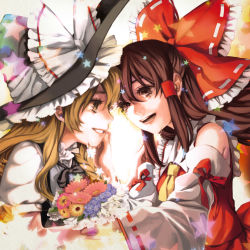 Rule 34 | 2girls, ascot, blonde hair, bouquet, bow, brown eyes, brown hair, detached sleeves, eye contact, female focus, flower, hair bow, hair tubes, hakurei reimu, hand on another&#039;s cheek, hand on another&#039;s face, hat, highres, japanese clothes, kayako (tdxxxk), kirisame marisa, looking at another, miko, multiple girls, short hair, tears, touhou