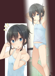 Rule 34 | 10s, 1girl, ^^^, armpits, arms up, asashio (kancolle), black hair, blue eyes, blue panties, camisole, closed mouth, collarbone, contrapposto, expressionless, flat chest, hair between eyes, highres, indoors, kantai collection, looking at viewer, looking down, multiple views, nagami yuu, non-web source, panties, parted lips, short ponytail, standing, strap slip, tying hair, underwear, underwear only