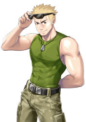 Rule 34 | 1boy, adjusting eyewear, arm behind back, bare arms, belt, belt buckle, biceps, black belt, black eyes, blonde hair, bright pupils, brown pants, buckle, camouflage, camouflage pants, closed mouth, commentary, covered abs, covered navel, creatures (company), dog tags, eyewear on head, game freak, green shirt, grey background, hand up, jewelry, kashi kosugi, male focus, muscular, muscular male, necklace, nintendo, pants, pectorals, pokemon, pokemon hgss, shiny skin, shirt, short hair, sleeveless, sleeveless shirt, smile, solo, spiked hair, sunglasses, surge (pokemon), white pupils