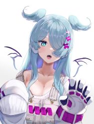 Rule 34 | 1girl, absurdres, aqua eyes, aqua hair, breasts, cleavage, collarbone, elira pendora, elira pendora (1st costume), fang, furido (frifridress), gloves, hair ornament, hair over one eye, hairclip, head wings, highres, large breasts, long hair, mole, mole on armpit, nijisanji, nijisanji en, open mouth, simple background, single glove, sleeves past wrists, solo, suspenders, sweater, upper body, virtual youtuber, white background, wings