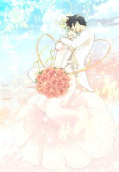 Rule 34 | 00s, 1boy, 1girl, :d, ^ ^, black hair, blonde hair, blue hair, blue sky, blush, bouquet, breasts, bride, bug, butterfly, closed eyes, couple, covered navel, day, dress, earrings, flower, formal, full body, groom, hair between eyes, hetero, holding, holding bouquet, hug, insect, jacket, jewelry, long sleeves, looking at viewer, medium breasts, multicolored hair, nia teppelin, open mouth, pink flower, pink rose, pocket, rose, simon (ttgl), sky, smile, standing, suit, tengen toppa gurren lagann, tihori-t, two-tone hair, wedding dress, white dress, white jacket