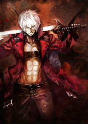 Rule 34 | 1boy, 1girl, abs, back-to-back, banpai akira, bat wings, belt, capcom, crossover, dante (devil may cry), devil may cry (series), devil may cry 3, grey eyes, grin, jacket, light purple hair, looking at viewer, navel, open clothes, open jacket, over shoulder, pants, remilia scarlet, short hair, smile, sword, touhou, open belt, weapon, weapon over shoulder, white hair, wings