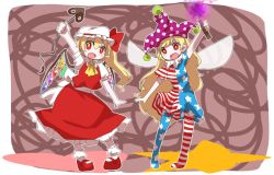 Rule 34 | 2girls, american flag dress, american flag legwear, arm up, ascot, blonde hair, blush, clownpiece, crystal, fairy wings, fang, flandre scarlet, full body, hat, hat ribbon, heart, jester cap, laevatein, long hair, looking at viewer, mary janes, mob cap, multiple girls, nao (nao mmj), open mouth, outstretched arms, pantyhose, pointy ears, print legwear, puffy sleeves, ribbon, sash, shirt, shoes, short hair, short sleeves, side ponytail, skirt, skirt set, smile, socks, star (symbol), striped, touhou, vest, white legwear, wings