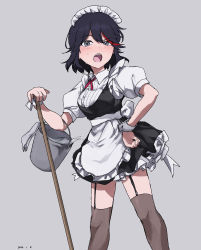 Rule 34 | 1girl, absurdres, apron, black dress, black hair, blush, bucket, collared shirt, commentary request, dated, dress, frilled apron, frills, garter straps, grey background, grey thighhighs, hand on own hip, highres, holding, holding mop, kill la kill, maid, maid apron, maid headdress, matoi ryuuko, mop, multicolored hair, neck ribbon, open mouth, pinafore dress, puffy short sleeves, puffy sleeves, raised eyebrow, red hair, red ribbon, ribbon, shirt, short hair, short sleeves, simple background, sleeveless dress, solo, streaked hair, sweat, takatisakana, thighhighs, white apron, white shirt, wrist cuffs