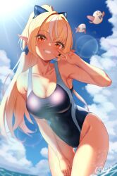 Rule 34 | 1girl, absurdres, bird, black one-piece swimsuit, blonde hair, blue sky, bow, breasts, cleavage, cloud, competition swimsuit, creature, curio (curiofinity), dark-skinned female, dark skin, day, elf, grin, hair bow, highres, hololive, long hair, medium breasts, multicolored hair, one-piece swimsuit, orange eyes, outdoors, owl, pointy ears, ponytail, shiranui flare, sky, smile, streaked hair, swimsuit, thigh gap, two-tone swimsuit, virtual youtuber, wading, water, white hair