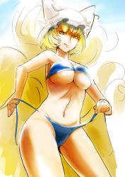 Rule 34 | 1girl, backlighting, bikini, blonde hair, blue bikini, blue sky, breasts, collarbone, fox tail, gradient background, hat, large breasts, multiple tails, naughty face, navel, short hair, sinzan, sketch, sky, solo, swimsuit, tail, thighs, toned, tongue, tongue out, touhou, untying, yakumo ran, yellow eyes
