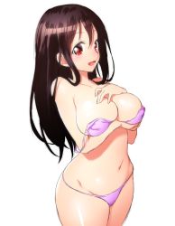 Rule 34 | 1girl, bikini, blush, breast hold, breasts, brown hair, hand on own chest, large breasts, long hair, looking at viewer, navel, onsoku inu, open mouth, purple bikini, red eyes, simple background, smile, solo, swimsuit, white background