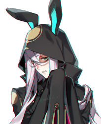 Rule 34 | 1boy, asclepius (fate), black jacket, blush, fate/grand order, fate (series), green eyes, hair between eyes, highres, hood, hood up, hooded jacket, jacket, koshika rina, long hair, long sleeves, looking at viewer, male focus, open mouth, solo, very long hair, white hair