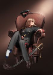 Rule 34 | 1girl, absurdres, belt, blonde hair, blue eyes, breasts, brown background, brown footwear, chair, closed mouth, commentary request, full body, geumsu, hat, highres, holding, holding belt, korean commentary, looking at viewer, medium breasts, medium hair, military, military hat, military uniform, original, pants, saber (weapon), shoes, simple background, single shoe, sitting, socks, solo, steam, sword, uniform, unworn hat, unworn headwear, weapon, white socks