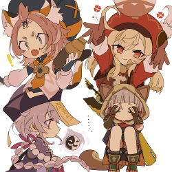 Rule 34 | !, ..., 4girls, :o, animal ear fluff, animal ears, animal hood, arms up, bangs pinned back, bead necklace, beads, blonde hair, braid, braided ponytail, cat ears, cat girl, cat tail, closed eyes, cocktail shaker, diona (genshin impact), dress, fake tail, fang, genshin impact, gloves, greatsword, grey hair, hat, hood, hood up, iwashi (iwashi008), jewelry, klee (genshin impact), long hair, long sleeves, multiple girls, necklace, ofuda, open mouth, orange gloves, pink hair, purple hair, qiqi (genshin impact), red eyes, sayu (genshin impact), simple background, smile, sword, tail, weapon, weapon on back, white background
