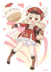 Rule 34 | 1girl, :d, ahoge, backpack, bag, blonde hair, bloomers, blush, boots, brown eyes, brown footwear, brown gloves, cabbie hat, commentary, dress, fang, feathers, flower, full body, genshin impact, gloves, hair between eyes, hat, hat feather, heart, jigatei (omijin), klee (genshin impact), knee boots, kneehighs, long hair, long sleeves, looking at viewer, low twintails, open mouth, outstretched arms, pointy ears, red dress, red flower, red hat, ribbed legwear, sidelocks, signature, sleeves past wrists, smile, socks, solo, symbol-only commentary, twintails, underwear, white background, white bloomers, white feathers, white socks