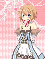 Rule 34 | 10s, 1girl, bare shoulders, blanc (neptunia), blue eyes, blush, box, brown hair, fur trim, gift, gift box, heart, holding, holding gift, k (nura-rikuo), looking at viewer, neptune (series), short hair, solo, valentine