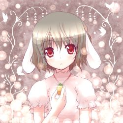 Rule 34 | 1girl, animal ears, black hair, bug, butterfly, carrot, expressionless, female focus, flower, hiraga matsuri, hirasato, inaba tewi, insect, jewelry, necklace, pendant, phantasmagoria of flower view, rabbit ears, red eyes, short hair, solo, touhou, upper body