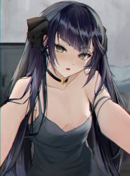 Rule 34 | 1girl, absurdres, black choker, black hair, black ribbon, blurry, blurry background, breasts, choker, collarbone, genshin impact, grey eyes, hair ribbon, highres, indoors, long hair, looking at viewer, maya (gpmp3825), mona (genshin impact), outstretched arms, parted lips, ribbon, small breasts, solo, strap slip, twintails, upper body, very long hair