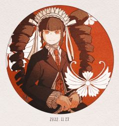 Rule 34 | 1girl, black hair, black jacket, bonnet, brown hair, celestia ludenberg, collared shirt, danganronpa: trigger happy havoc, danganronpa (series), dated, drill hair, earrings, frills, gothic lolita, highres, jacket, jewelry, kiri (2htkz), lolita fashion, long hair, long sleeves, looking at viewer, necktie, open clothes, open jacket, red background, red eyes, red necktie, shirt, smile, solo, twin drills, twintails