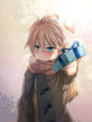 Rule 34 | 1boy, blonde hair, blue eyes, blurry, blurry foreground, blush, brown jacket, commentary, gift, giving, jacket, kagamine len, leaf, male focus, necktie, plaid, plaid scarf, pouty lips, pov, scarf, short ponytail, sidelighting, spiked hair, sweatdrop, tamara, tsundere, v-shaped eyebrows, vocaloid, yellow neckwear