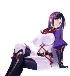 Rule 34 | 1girl, arm guards, black gloves, bodysuit, breasts, elbow gloves, fate/grand order, fate (series), fingerless gloves, gloves, highres, huang (volt0526), large breasts, long hair, looking at viewer, minamoto no raikou (fate), parted bangs, purple bodysuit, purple eyes, purple hair, ribbed sleeves, rope, simple background, sitting, smile, solo, thighs, very long hair, white background