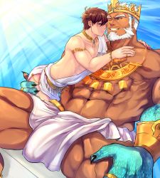 Rule 34 | 2boys, abs, aegir (housamo), anchor earrings, ancient greek clothes, aqua hair, bara, bare pectorals, beard, blue eyes, blush, bracelet, brown eyes, brown hair, bulge, collarbone, crown, dark-skinned male, dark skin, earrings, face-to-face, facial hair, fingernails, fins, giant, giant male, gold necklace, greco-roman clothes, hand on another&#039;s chest, highres, hiota (kuhi 0301), jewelry, large pectorals, male focus, multicolored hair, multiple boys, muscular, navel, necklace, nipples, one eye closed, pectorals, pelvic curtain, protagonist 4 (housamo), revealing clothes, sash, sharp fingernails, short hair, single bare shoulder, single earring, sitting, size difference, smile, spread legs, streaked hair, thick eyebrows, thick thighs, thighs, tokyo houkago summoners, toned, toned male, topless male, white hair, yaoi