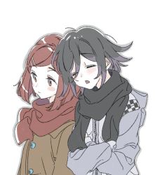 Rule 34 | 1boy, 1girl, alternate costume, black hair, black scarf, blush, blush stickers, brown hair, brown jacket, commentary, crossed arms, danganronpa (series), danganronpa v3: killing harmony, closed eyes, grey jacket, hair ornament, hairclip, jacket, jingle (mhb729), leaning on person, long sleeves, open mouth, oma kokichi, red hair, red scarf, scarf, short hair, simple background, upper body, yumeno himiko