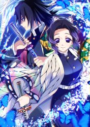 Rule 34 | 1boy, 1girl, black hair, blue butterfly, blue eyes, blue hair, breast pocket, breasts, bug, butterfly, butterfly hair ornament, buttons, closed mouth, colored tips, commentary request, dark blue hair, demon slayer uniform, eyelashes, hair ornament, haori, highres, holding, holding sword, holding weapon, insect, jacket, japanese clothes, katana, kimetsu no yaiba, kochou shinobu, large breasts, looking at viewer, low ponytail, magic chocolate, multicolored clothes, multicolored hair, multicolored jacket, patterned clothing, pocket, purple eyes, purple hair, shaded face, sword, sword writing, tomioka giyuu, two-sided fabric, weapon, wide sleeves