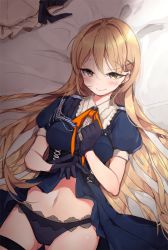 Rule 34 | 1girl, artist request, black gloves, black panties, blonde hair, blue dress, blush, clothes lift, dress, dress lift, girls&#039; frontline, gloves, hair ornament, hairclip, long hair, looking at viewer, on bed, panties, ppk (girls&#039; frontline), ribbon, underwear, yellow eyes