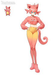 Rule 34 | 1girl, :3, absurdres, animal ears, antenna hair, bell, black choker, blue eyes, cat ears, cat girl, cat tail, cattiva, choker, commentary, contrapposto, copyright name, creature and personification, cropped shirt, cross-laced footwear, facial mark, full body, hair between eyes, hands on own hips, highres, jingle bell, long legs, looking at viewer, midriff, multicolored pants, neck bell, orange pants, palworld, pants, personification, pink footwear, pink pants, pink shirt, red hair, shirt, shoes, short hair, short twintails, simple background, smile, smug, solo, tail, twintails, whisker markings, white background, wonbin lee, yoga pants
