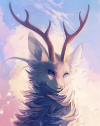 Rule 34 | animal focus, antlers, artist name, blue sky, clockbirds, closed mouth, cloud, commentary, commission, deer antlers, english commentary, eyelashes, horns, light particles, no humans, original, outdoors, simple bird, sky, smile, solo, sunset, upper body, watermark, wind, wolf