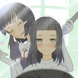 Rule 34 | 10s, 2girls, black hair, blunt bangs, blush, brown eyes, closed eyes, comb, drape, elbow gloves, gloves, haguro (kancolle), hair ornament, hairclip, hairdressing, ishikkoro, kantai collection, long hair, mirror, multiple girls, myoukou (kancolle), open mouth, personification, short hair, sitting, tears, trembling, white gloves