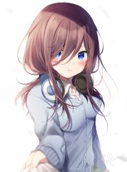 Rule 34 | 1girl, :t, blue cardigan, blue eyes, blush, breasts, cardigan, closed mouth, clothes tug, collared shirt, commentary, go-toubun no hanayome, green skirt, hair between eyes, headphones, headphones around neck, highres, large breasts, long hair, long sleeves, looking at viewer, mafuyu (chibi21), medium breasts, nakano miku, pout, pov, shirt, skirt, solo, white shirt