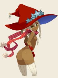 Rule 34 | 1girl, ass, breasts, cowboy shot, cropped legs, dark-skinned female, dark skin, gloves, green eyes, hat, highres, large hat, long hair, looking at viewer, mota, naked scarf, nude, original, red gloves, revision, scarf, small breasts, solo, star (symbol), thighhighs, white hair, white thighhighs