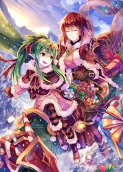 Rule 34 | 2girls, armor, blush, cape, christmas, closed eyes, dress, fire emblem, fire emblem: mystery of the emblem, gloves, green eyes, green hair, hat, headband, long hair, minerva (fire emblem), multiple girls, nintendo, open mouth, pink dress, pointy ears, ponytail, red armor, red hair, santa costume, short hair, simple background, smile, stone, tiara, tiki (fire emblem), tiki (young) (fire emblem), xin (24914)