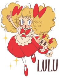 Rule 34 | 1girl, :d, afro puffs, arm up, blonde hair, blue eyes, bow, character name, child, curly hair, doll, dress, full body, hair bow, holding, holding doll, long hair, looking at viewer, loulou de la laurencie, meremero, open mouth, puffy short sleeves, puffy sleeves, red bow, red dress, red footwear, shoes, short sleeves, simple background, smile, solo, sparkle, standing, twintails, versailles no bara, white background