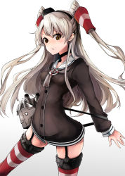Rule 34 | 10s, 1girl, amatsukaze (kancolle), blush, breasts, brown eyes, dress, garter straps, gloves, kantai collection, long hair, looking at viewer, mille (dieci), personification, red thighhighs, rensouhou-kun, sailor dress, short dress, silver hair, single glove, small breasts, solo, striped clothes, striped thighhighs, thighhighs, twintails, two side up, white gloves, zettai ryouiki