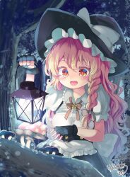 Rule 34 | 1girl, apron, black gloves, black hat, bow, braid, breasts, fingerless gloves, forest, gloves, hand up, hat, hat bow, highres, holding, holding lantern, kemo chiharu, kirisame marisa, lantern, long hair, looking down, medium breasts, mushroom, nature, night, open mouth, orange eyes, single braid, solo, star-shaped pupils, star (symbol), star print, symbol-shaped pupils, touhou, tree, very long hair, waist apron, wavy hair, witch hat