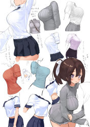 Rule 34 | 1boy, 1girl, arm hug, arm up, arms at sides, between breasts, blue necktie, blue shirt, blue skirt, blush, breasts, brown hair, closed mouth, flying sweatdrops, from side, grey skirt, grey sweater, hair ribbon, head out of frame, kaisen chuui, large breasts, multiple views, necktie, office lady, original, parted lips, pencil skirt, pleated skirt, ponytail, purple eyes, red shirt, ribbed sweater, ribbon, school uniform, serafuku, shirt, shirt tucked in, short sleeves, side slit, sketch, skirt, smile, strap between breasts, sweater, torso, turtleneck, turtleneck sweater, white ribbon, white shirt